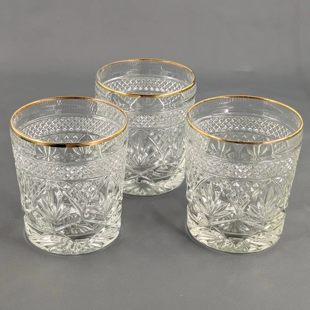 Vintage Cut Glass Gold Rim Rocks Glasses Set of 3 Diamond Fan Pattern Barware